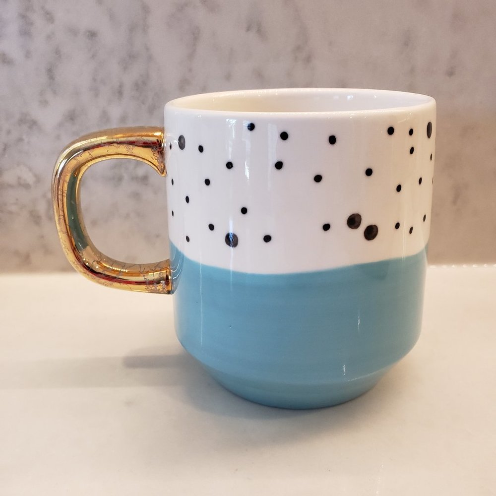 Indigo blue, white and black spotted 22oz coffee tea mug with gold handle